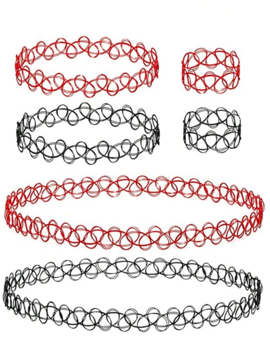 6Pcs Tattoo Choker Set Stretchy 90s Necklace Bracelet And Rings For Women - Multicolor - View 1