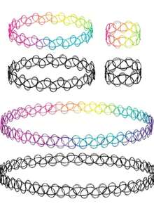 6Pcs Tattoo Choker Set Stretchy 90s Necklace Bracelet And Rings For Women - Multicolor - View 9