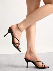 Summer Metal Decor Strap High Heel Sandals, Minimalist Resort Style Thin Heel Mule Shoes,Kitten Heels - Black - View 9