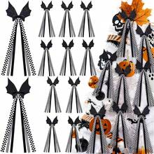 6/12pcs Gothic Halloween Sequin Bat Bows With Black & White Plaid Long Ribbon, Spooky Bat Wing Tassel Hanging Decor, Halloween Party Home Decoration, Suitable For Christmas Tree, Wreath, Garland, Window, Door, Wall Decor, Halloween Cosplay Hair Accessory - Multicolor - View 1