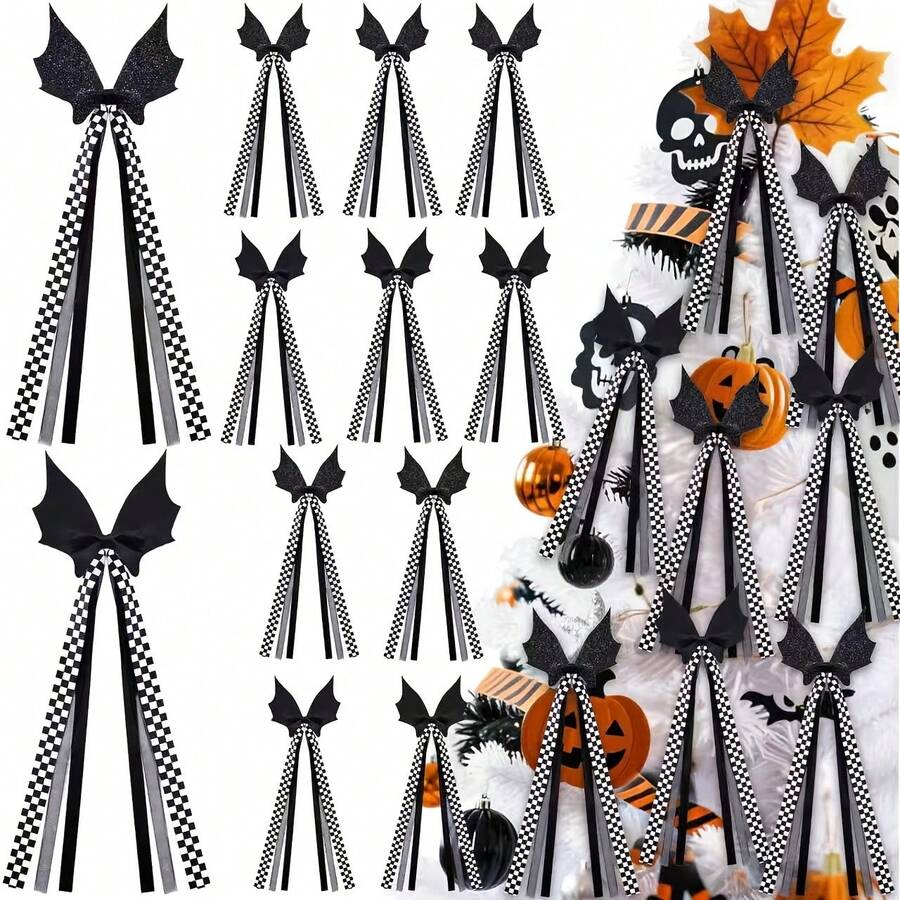 6/12pcs Gothic Halloween Sequin Bat Bows With Black & White Plaid Long Ribbon, Spooky Bat Wing Tassel Hanging Decor, Halloween Party Home Decoration, Suitable For Christmas Tree, Wreath, Garland, Window, Door, Wall Decor, Halloween Cosplay Hair Accessory - Multicolor - View 1