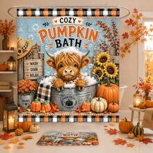 1pc/4pcs Bubble Bath Highland Cow Funny Sunflower Pumpkin Plaid Autumn Decor Multi-Functional Bathroom Decor Shower Curtain Set, Free 12 Hooks, Premium Holiday Atmosphere, Bathroom Mat, U-Shaped Rug And Round Toilet Lid Cover, Suitable For Autumn Harvest All Occasions - Highland Cow Bubble Bath - View 7