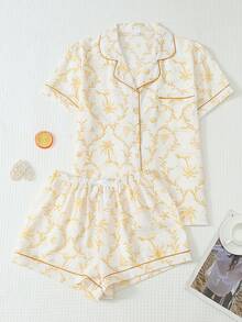 2pcs Women's Comfortable Coconut Tree & Boat Print Short Sleeve Collared Top And Bow Shorts Pajama Set, Spring/Summer - Yellow - View 3