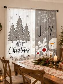 2pcs Gray Tone Minimalist Reindeer Snowman Christmas Tree Christmas Print Curtains, Rod Pocket Polyester Fabric, Simple Line Pine Tree Red Berry Snowflake Holiday Text Full Print, Nordic Cold Style Quiet Winter Christmas, Machine Washable, Kitchen Living Room Bedroom Decor Window Treatment - Multicolor - View 10