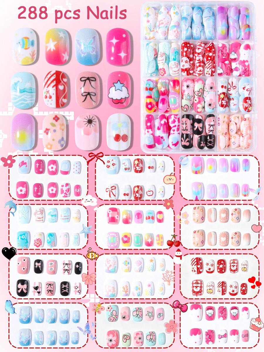 288片兒童美甲貼，Naio Kids 假指甲，預黏膠貼片式美甲貼，全覆蓋短款壓克力美甲套組，適合女孩美甲裝飾 - 彩色 - 查看 1