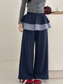 1pc Tween Girl Korean Style Plaid 2 In 1 Skorts, Sweet Draping Casual Wide Leg Long Pants - Blue - View 3