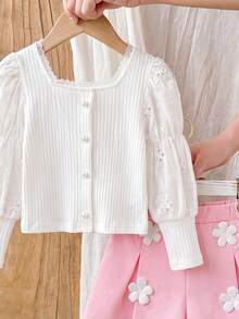 Young Girl Ruffle Collar Petal Sleeve Pearl Button Fashionable Top And 3D Floral Pleated Stylish Shorts Set - White - View 5