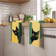 2PCS Cute Peeking Cat Pattern Printed Kitchen Towels 40*60cm Simple Style Rectangular Microfiber Kitchen Towels, Dish Cloths, Tablecloths, Hand Towels, Kitchen Decor, Housewarming Gifts For Neighbors, Perfect For Kitchen And Bathroom Use, Suitable For Housewives And Family Gatherings, High Cost-Performance, Essential Household Item - Green - View 10
