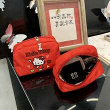SANRIO 1pc Red Embroidered Hello Kitty Polka Dot Bow Decor Waterproof Nylon Large Capacity Zipper Cute Cartoon Girl Style Makeup Bag - Multicolor - View 2