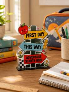 1pc Back To School Season Desktop Stand Up Sign Apple Road Sign Design Fun Multi Color Printed Desktop Ornament Suitable For Classroom Home Teaching Back To School Party Desktop Center Decoration Gift - D - View 1