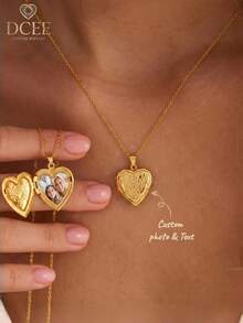 1PC Customized Heart-Shaped Locket Necklace, Openable Photo Box With Personalized Photo + Text, Delicate Gold-Plated Craftsmanship Paired With Minimalist Chain, Suitable For Various Outfit Styles, Couples, Family, Mother's Memorial Jewelry, Whether For Couple Engagement, Parent-Child Keepsake Or Best Friend Gift, It's The Best Way To Convey Your Heart - Customized Heart-shaped Photo Box Necklace - View 1
