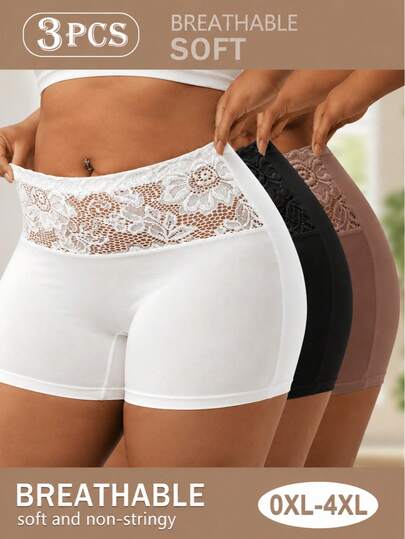 3pcs/Set Plus Size Women Lace Print Comfortable Breathable Curve-Hugging Shorts, Ideal Gift