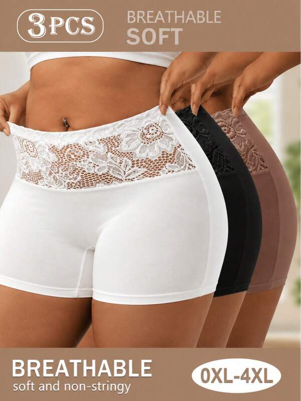 QUASTI 3pcs/Set Plus Size Women Lace Print Comfortable Breathable Curve-Hugging Shorts, Ideal Gift