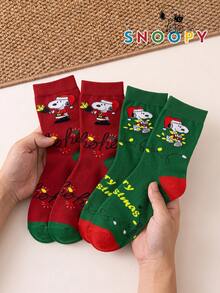 1/2 Pairs Snoopy Socks Men's Autumn/Winter Red & Green Christmas Mid-Calf Sports Socks, Cute Cartoon Pattern Unique Snoopy Halloween Socks - Multicolor - View 2
