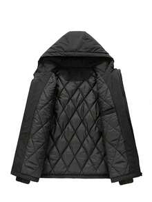 Men's Outdoor Zipper Drawstring Hooded Padded Coat, Casual Outdoor Winter Coat With Zipper Pockets, Men's Jacket - Black - View 6
