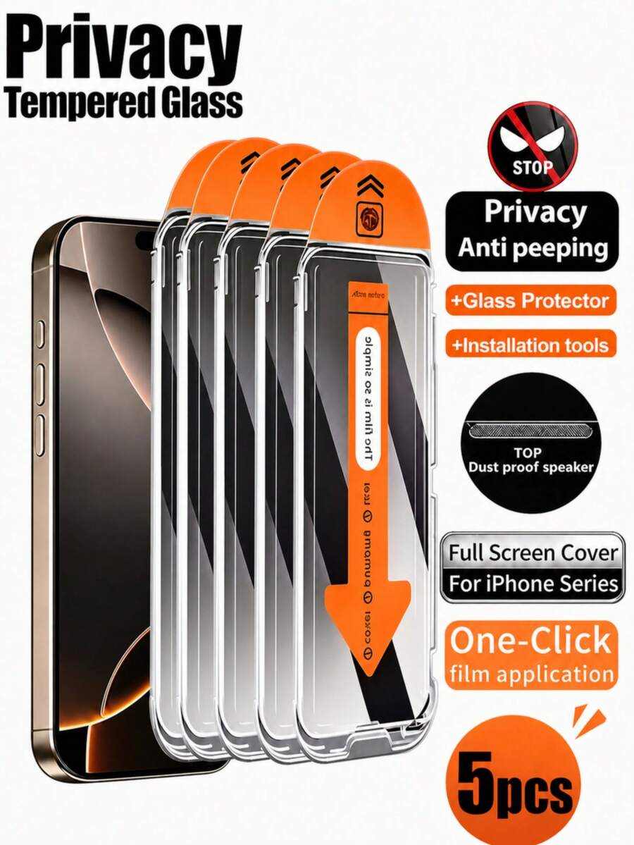 CASECOPS 5 قطع واقي شاشة هاتف من الزجاج المقسى 9H HD مع أدوات تركيب تلقائية وأدوات محاذاة تلقائية، ملاءمة دقيقة بدون فقاعات أو حواف، عرض أمامي فائق الوضوح، حماية خصوصية جانبية، لمس ناعم، مقاوم للخدش/الغبار/البصمات، متوافق مع آيفون 17 برو ماكس/17 برو/17 إير/17E/17/16 برو ماكس/16 برو/16 بلس/16E/16/15/14/13/12/11/بلس/X/XR/XS ماكس وطرازات أخرى - 5 قطع - مشاهدة 1