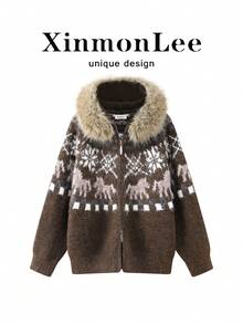 Fair Isle 針織連帽開襟衫，毛領雙向拉鍊毛衣，適合晚間約會、度假、日常穿著，秋冬款 - 咖啡棕 - 查看 1
