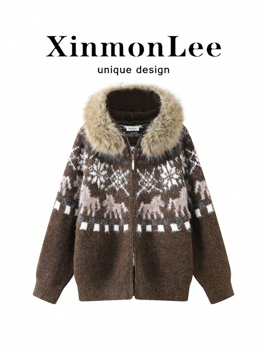 Fair Isle 針織連帽開襟衫,毛領雙向拉鍊毛衣,適合晚間約會、度假、日常穿著,秋冬款 - 咖啡棕 - 查看 1