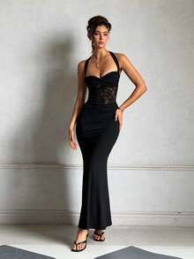 Women's Summer Black Halter Neck Backless Lace Party Dress, Elegant Dress For Gatherings And Dates - Black - View 3