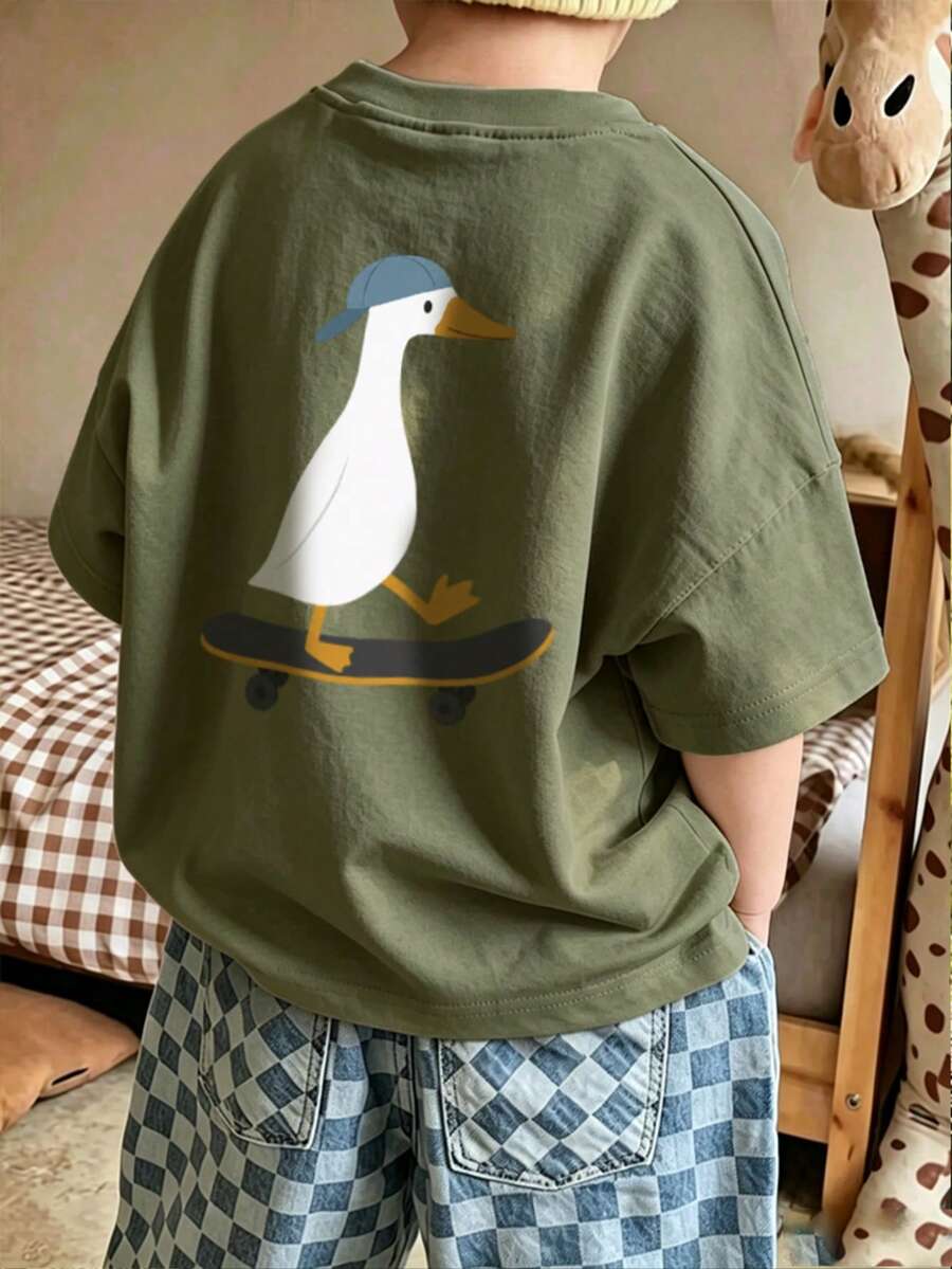 Young Boy Comfortable Soft Fabric Short Sleeve Top, Suitable For Spring, Autumn, Summer Daily Wear - Olive Green - View 1