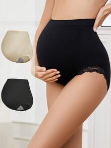 2pcs Women's Lace Trim Maternity & Postpartum Panties, Soft Comfortable High Waist Triangle Underwear - Multicolor - View 1
