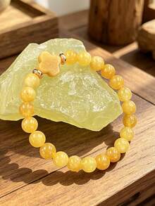 1pc Natural Yellow Jade Four-Leaf Clover Stretch Bracelet, Symbol Of Luck, Prosperity, Wealth, Bohemia Cross Fashion Jewelry Unisex Gift For Women Men - Yellow - View 2
