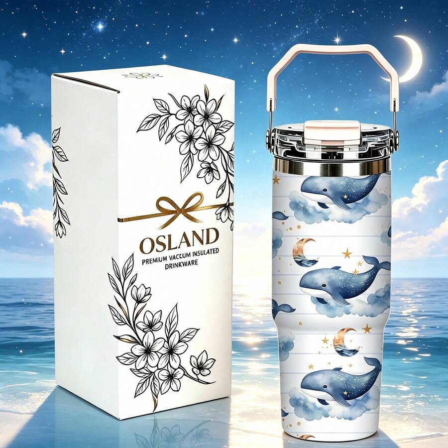 1/5 pièces Gobelet isotherme sous vide 30oz avec boîte cadeau, imprimé nuage bleu et blanc rayé lune étoile baleine, poignée pliable portable, couvercle anti-fuite à double rabat, tasse à double paroi, convient pour les promenades nocturnes, cadeau de dessin animé océan ciel étoilé rêveur - Baleine étoilée - Voir 1
