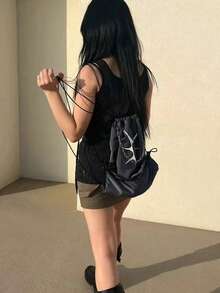 返校季小眾設計 Ins 風 Y2K 甜酷女孩星星圖案女學生後背包，耐髒抽繩束口包，百搭時尚學生背包，適合大學生與高中生 - 黑色 - 查看 2