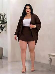 Conjunto Femenino Kimono Plus Zise e Short Saia com Elastico na Cintura No Liso Lançamento para Mulheres Moda Verão Estilo Casual - marrom escuro - Visão 2