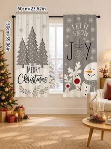 2pcs Gray Tone Minimalist Reindeer Snowman Christmas Tree Christmas Print Curtains, Rod Pocket Polyester Fabric, Simple Line Pine Tree Red Berry Snowflake Holiday Text Full Print, Nordic Cold Style Quiet Winter Christmas, Machine Washable, Kitchen Living Room Bedroom Decor Window Treatment - Multicolor - View 16