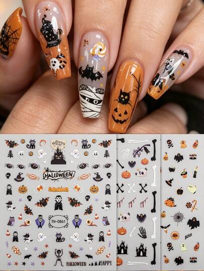 3PCS Halloween Luminous Nail Art Stickers,Pumpkin Ghost Bat Self-Adhesive Nail Decals, Perfect For Women And Girls' Holiday Party And DIY Manicure.