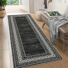 Techigher Modern Washable Area Rug - Non Slip Geometric Bordered Living Room Carpet, Foldable Thin Low Pile Floor Cover For Bedroom, Kitchen, Dining Room - Black - View 9