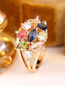 1 Stylish Women's Ring With A Multi-Layered, Openwork Design And A Wide Band Set With Stones-Perfect For Vacation Outfits And As A Birthday Gift - Golden Yellow + Color - View 2