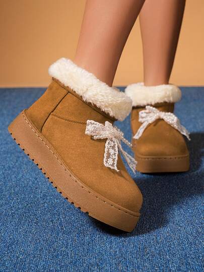 Winter Women Ankle Snow Boots Faux Suede Thick Plush Lined Lace Pearl Bow Platform Booties Anti-Slip Elevator Sole Warm Windproof Slim Leg For Daily Commute Street Outdoor Walking