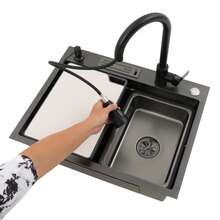 YUNRUX Kitchen Sink, Sink With Inner Bowl, Black Sink With Pull-Out Faucet Black - 黑色 - 查看 6