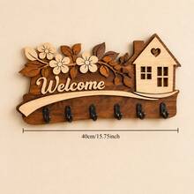 Farmhouse Style Wall-Mounted Multi-Layer Key Rack With Welcome Sign And Hooks, Wooden Key Holder For Entryway And Hallway Storage, Rustic Home Decor Sign For Keys And Mail - C - View 3