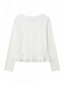 Atasan Cardigan Kaos Lengan Panjang Leher Bulat dengan Hem Bergelombang Gaya Korea Minimalis untuk Wanita, Warna Putih, Cocok untuk Musim Gugur. - Putih - View 3