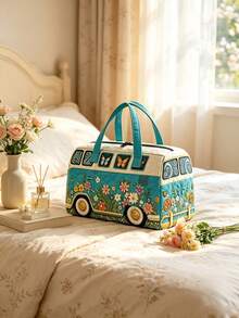 1pc Floral Bus Travel Storage Bag, Foldable Storage Bag, Multi-Functional Storage Bag, Butterfly Floral Bus Pattern Design, Simple And Fashionable. Large Capacity Handbag Style, Suitable For Outdoor, Travel, Gym, Dorm Storage, Holiday Gift, Travel Bag, Toiletry Bag, Makeup Bag, Travel Essential, Back To School, Halloween, Gift Essential, Home Storage Essential - Multicolor - View 10