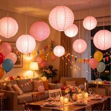 Elegant Pink Paper Lantern Set, Includes 9 Lanterns + 9 Lantern Stands - Round Handmade Folding Decorations, Suitable For Weddings, Birthdays, Anniversaries And Holiday Celebrations - As Shown - View 2