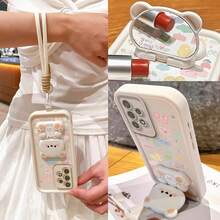 Creative Happy Star Pig Pattern With Cute Bear Foldable Mirror Stand And Short Lanyard Stepped Frame Dopamine Phone Case, Full Coverage Anti-Drop Protective Cover, Minimalist Design, Soft Adorable Cartoon Style, Perfect Protection For Your Phone, Suitable For Honor X7/Galaxy A56 5G/ Smart 8/ Hot 40/Transsion Spark 30C/Spark Go 2024/ Note 14 5G/ E22/E22i/ A54 - White - View 4