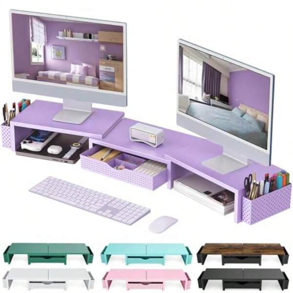 Dual Monitor Stand Riser, Desk Organizer With Drawer And 2 Pen Holders, Desk Organizers And Accessories, Purple Office Decor Purple