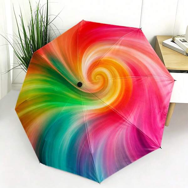 1pc Colorful Spiral Foldable Umbrella - Vibrant Gradient Spiral Pattern Design, 2D Flat Print Foldable Umbrella, Choose Either Internal Or External Print, Fashionable And Eye-Catching, Suitable For Daily Commute, Outdoor Activities And Gift Giving!