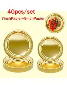 40-80pcs/Set Disposable Paper Plates, Gold Color, 7/9 Inch Round, Suitable For Decorating Desserts, Cakes And Party Supplies In Bulk, Suitable For Birthday, Wedding, Picnic, Holiday Club And Other Occasions - Multicolor - View 1