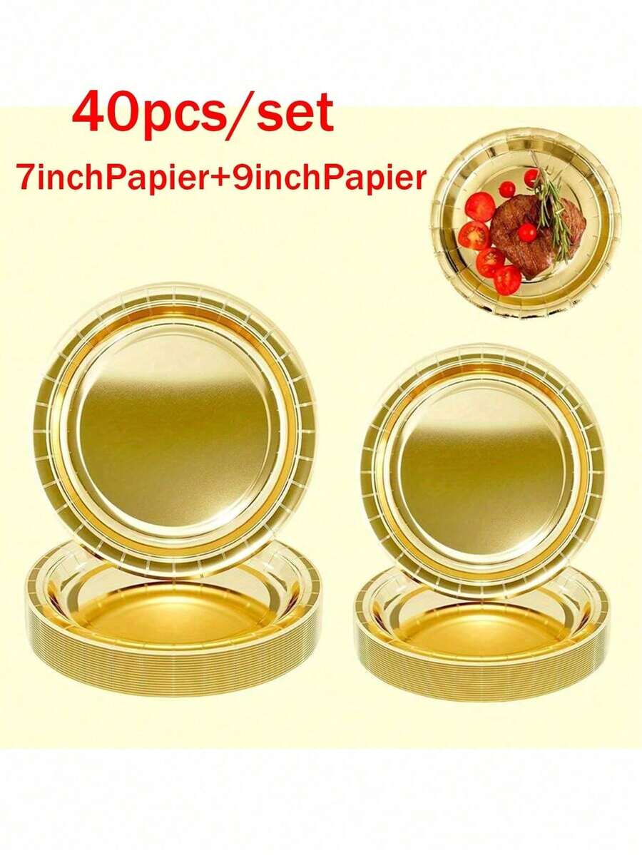 40-80pcs/Set Disposable Paper Plates, Gold Color, 7/9 Inch Round, Suitable For Decorating Desserts, Cakes And Party Supplies In Bulk, Suitable For Birthday, Wedding, Picnic, Holiday Club And Other Occasions - Multicolor - View 1
