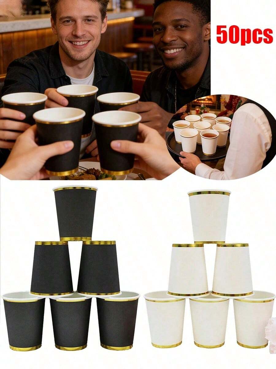 25/50pcs Set, High Quality White Paper Buckets, Foil Printed Pattern (266ml) - Elegant Disposable Tableware, Suitable For Various Parties And Occasions, Disposable Paper Buckets, Birthday Party, Gold Paper Buckets, Business Meetings, Club Dining, Kitchen Decor - Multicolor - View 1