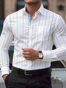 Men's Casual Commute Striped Dress Shirt - Baby Blue - View 1