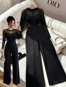 Women's Round Neck Mesh Patchwork Casual Daily Wear Jumpsuit - Black - View 5