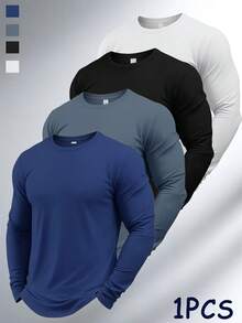 Men's Basic Crew Neck Long Sleeve Top, Breathable Solid Color Long Sleeve T-Shirt, Daily Commute, Fitness, Sports, Base Layer - Blue - View 6