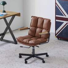 Home Office Desk Chair, Ergonomic Leather Computer Chair With Wheels And Oak Armrests, Height-Adjustable Swivel Executive Chair WL - 棕色真皮 - 查看 5