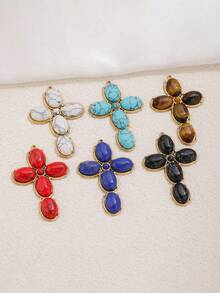 1 Pc 304 Stainless Steel 18K Gold Plated Natural Stone Cross Charm Multi Color Boho Cross Pendant DIY Necklace Jewelry Making Supplies - Cross - View 6